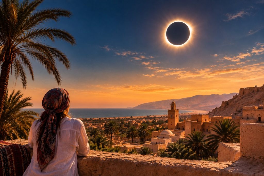 Persona contemplando un eclipse total de Sol sobre una ciudad tunecina junto al mar