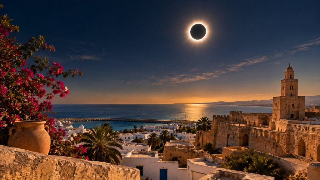 Casas blancas, buganvilla y puerto tunecino bajo un eclipse total de Sol
