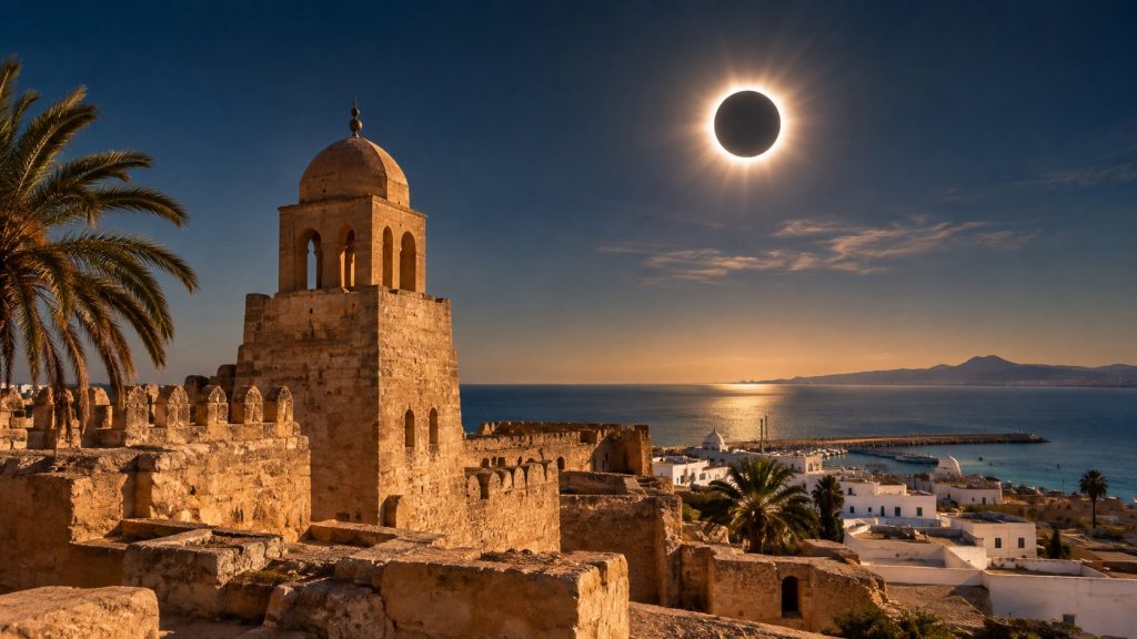 Torre de un ribat tunecino frente al mar bajo un eclipse total de Sol